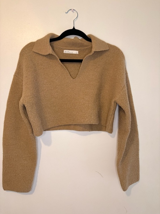 OAK + FORT Sweaters - Oak + Fort Cropped Collared Knit Sweater Camel Beige XS Minimalist